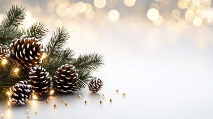 Christmas banner with lush green pine branches, scattered pine cones, and glowing warm lights, all on a soft bokeh background, ideal for copy space
