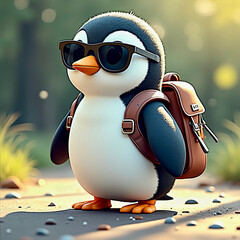 Cute 3D penguin wearing sunglasses and a backpack walking to school hiking as he strolls along a sunny forest path surrounded by nature