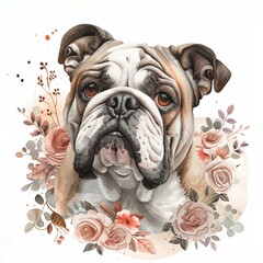 Obraz premium Artistic illustration of a bulldog's face framed by a decorative arrangement of flowers, blending elegance with a rustic charm.
