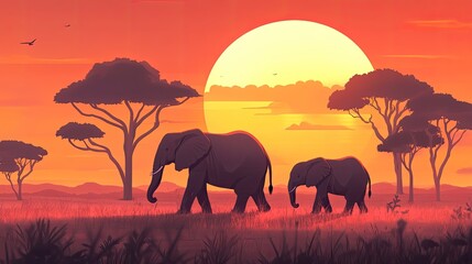 Fototapeta premium Two elephants walking at sunset in African savanna.