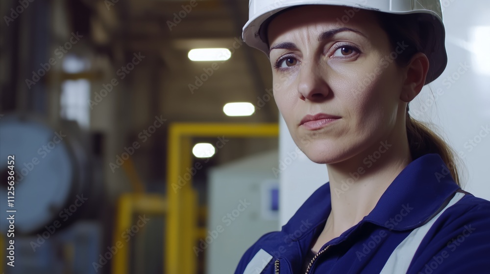 Wall mural Woman wearing a hard hat and a blue shirt