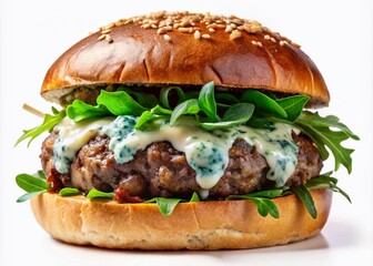 Indulge in a gourmet beef burger topped with tangy blue cheese, nestled in a grilled artisan bun, accompanied by fresh arugula and drizzled with balsamic glaze.