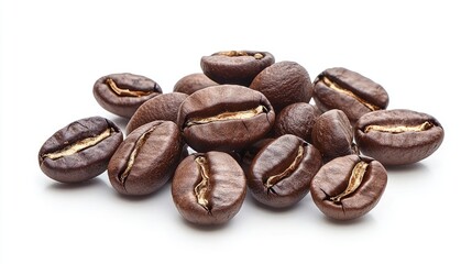 Obraz premium Close-Up of Roasted Coffee Beans on White Background for Cafes and Coffee Enthusiasts