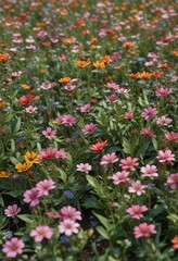 A field of virtual wildflowers with stems and leaves transforming into branching geometric shapes , blooming flowers, nature, digital garden