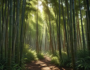 Obraz premium Bamboo forest with dappled light filtering through the canes, foliage, woodland environment, serene atmosphere