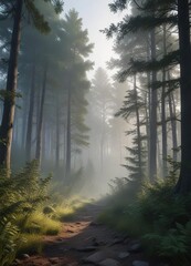 Obraz premium Dense forest with towering trees and misty atmosphere at dusk, tree canopy,