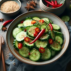  Chinese salad, cucumbers with chili pepper and sesame seeds, homemade, no people,