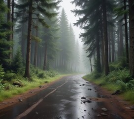 Obraz premium Rainy day in a dense coniferous forest with a small road and lush greenery, lush greenery, coniferous forest
