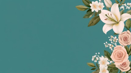 Elegant floral corner arrangement with roses and lilies on teal background