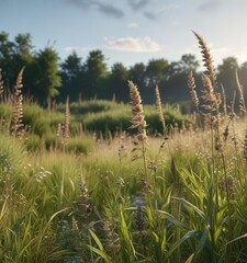 Summer landscape with tall grass and seedheads, wheat seeds , rural area