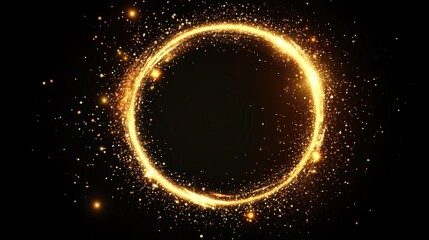 Gold glitter circle of light shine sparkles and golden spark particles in circle frame on black background. Christmas magic stars glow, firework confetti of glittery ring shimmer
