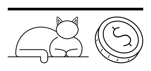 Cat lying down calmly next to a dollar coin. Ideal for financial stability, pet care expenses, wealth management, savings, investment, relaxation, and animal care themes. Line metaphor