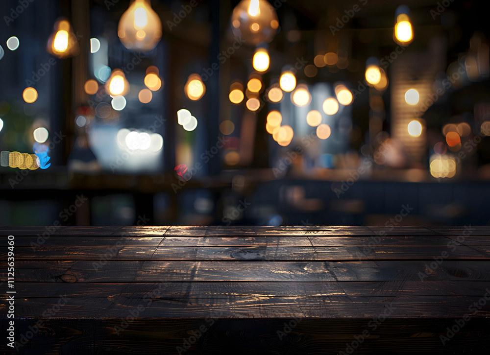 Poster a dimly lit wooden table in a cozy caf? setting with blurred lights in the background.