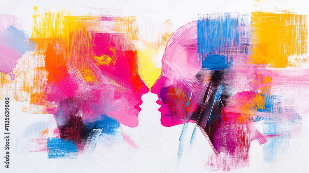 Poster two figures unite in an intimate scene of vibrant colors and abstract patterns that express their co