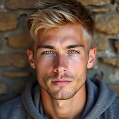 A young man with blonde hair and blue eyes, wearing a casual shirt, standing against a brick wall in soft lighting. Generative, AI.