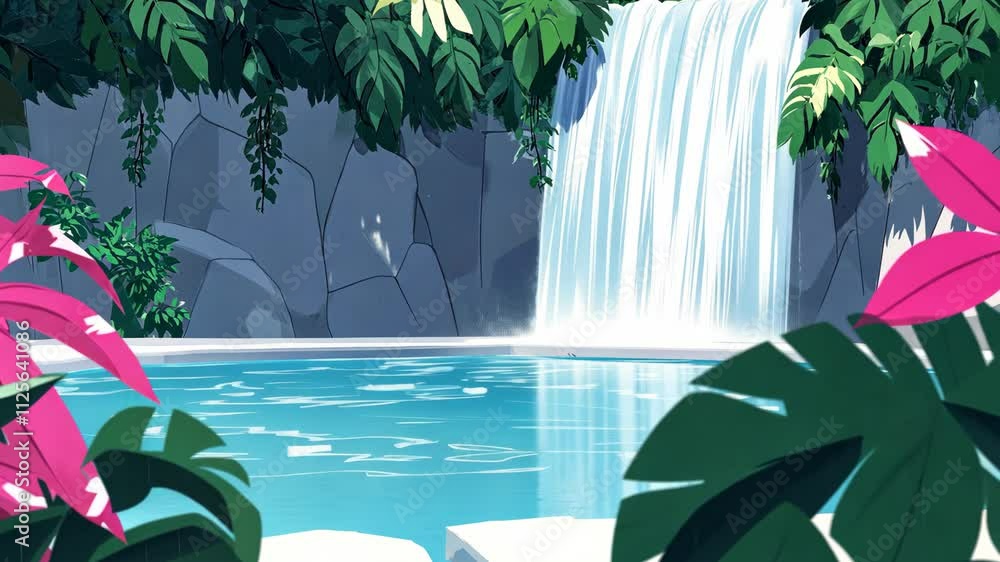Poster serene waterfall cascading into a tranquil pool surrounded by lush greenery
