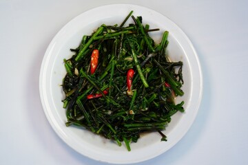 Stir-fried morning glory with oyster sauce, ready to eat