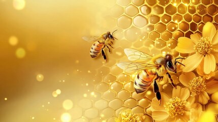 Golden background with honeycomb pattern, bright flowers, and a bee. It looks warm and related to nature