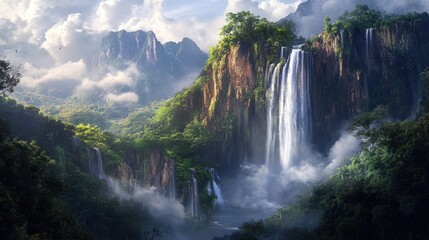 Majestic Waterfall Paradise: A Breathtaking Digital Painting of Lush Tropical Landscape