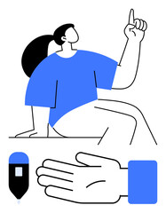 Person raising finger, hand gesture, and glucose meter representing Diabetes. Ideal for health, awareness, medical, diabetes education, patient care glucose monitoring and wellness themes. Line