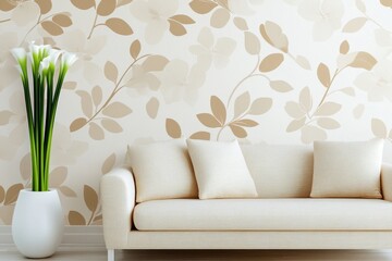 Pink velvet sofa with cushions in elegant living room with flowers and books
