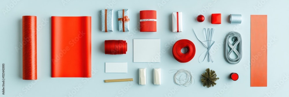 Aufkleber display of vibrant red gift wrapping items, including paper, ribbons, and cards, offering ample spac