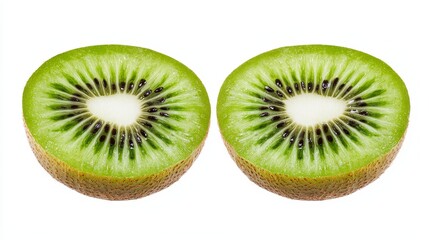 Fototapeta premium Fresh kiwi fruit sliced in half, seeds vividly detailed, centered on a pure white background, highlighting vibrant green color and juicy texture