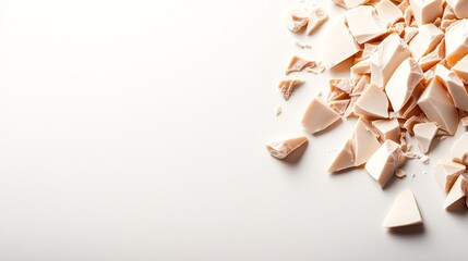 close-up broken white chocolate chunks, arranged dynamically, luxurious high-detail textures, isolated on white background