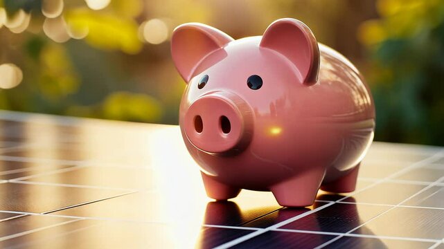 Piggy bank on solar panel in sunlight, concept of saving energy and finance