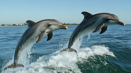 Fototapeta premium Two dolphins leap out of the water, creating splashes and showing off their agility.
