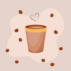 Light brown paper coffee cup on a beige background with heart-shaped steam and falling coffee beans, evoking warmth, coziness, and the aroma of delicious beverage.
