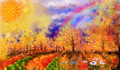 Paisaje con arco iris mágico y sol de fuego sobre un campo otoñal de fantasía con árboles y hojas caídas. Hombre misterioso al fondo. © Diego