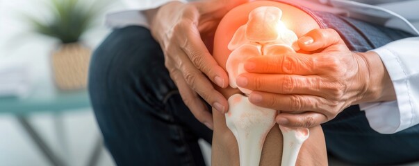 Doctor holding a knee model showing joint pain areas with bright highlights in a clinical setting.