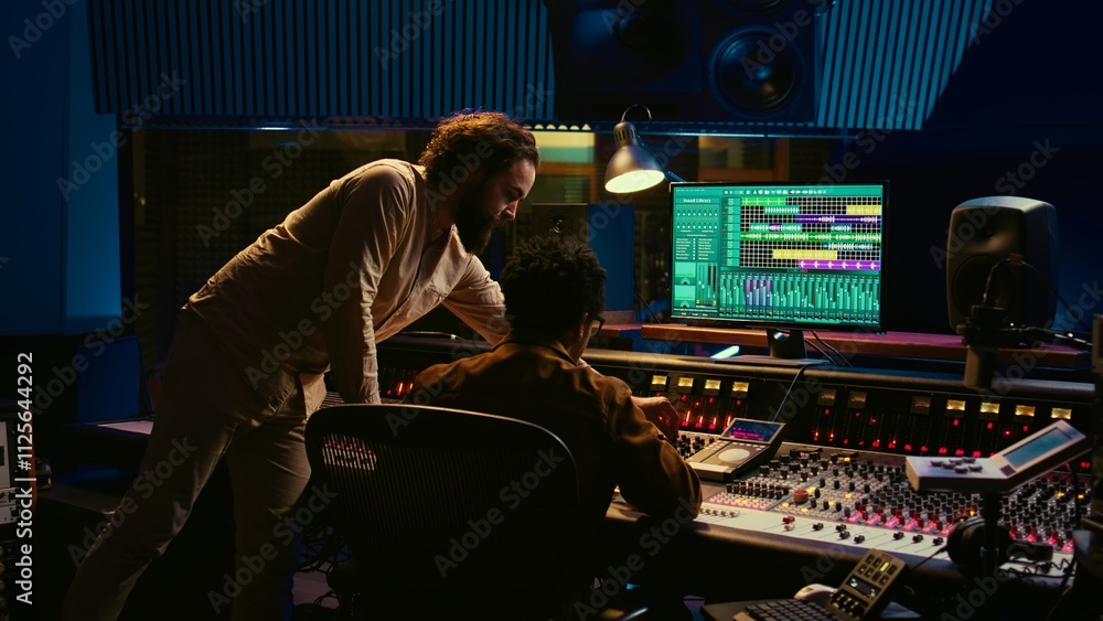 Poster tracking engineer collaborating with musician to edit sounds in studio control room, recording tunes