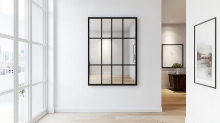 Obraz premium Modern hallway interior with large paneled mirror.