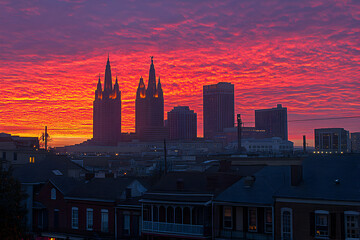 Obraz premium Dramatic sunrise cityscape with vibrant red and purple clouds illuminating the city skyline, featuring prominent temples and modern buildings.