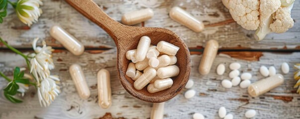 Wooden spoon with capsules, white flowers, and a cauliflower on a rustic wooden surface.