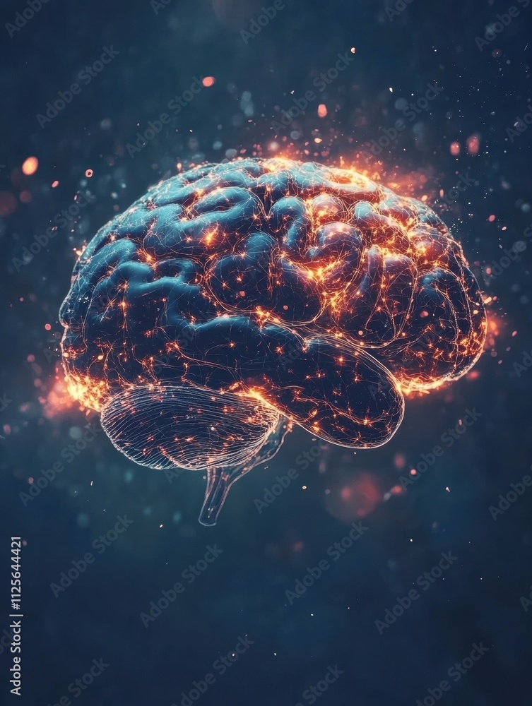 Poster an abstract representation of a human brain composed of luminous neural networks, synapses radiating