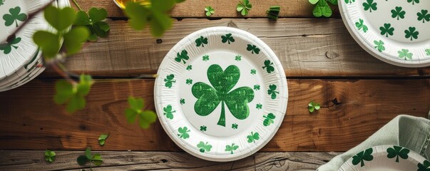 Shamrock-themed paper plates on a wooden table with clover leaves scattered for St. Patrick's Day.