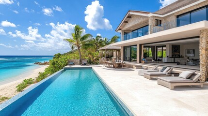 Fototapeta premium Luxury beachfront villa with infinity pool, ocean view, patio, and lounge chairs.