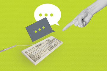 Composite photo collage of hand point electronic keypad bubble communication cloud chatterbox...
