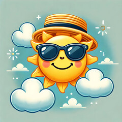 Fototapeta premium 3D Sun Emoji Icon Isolated on White. Render Weather Sun Symbol. Sunlight Emoticon Yellow Cute Sunshine in Sunglasses. Weather, Climate Forecast. Concept of Summer Vacations. Face Vector Illustration 