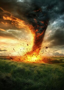 Une tornade intense et violente touchant le sol et projetant des d&eacute;bris dans un tourbillon lumineux.