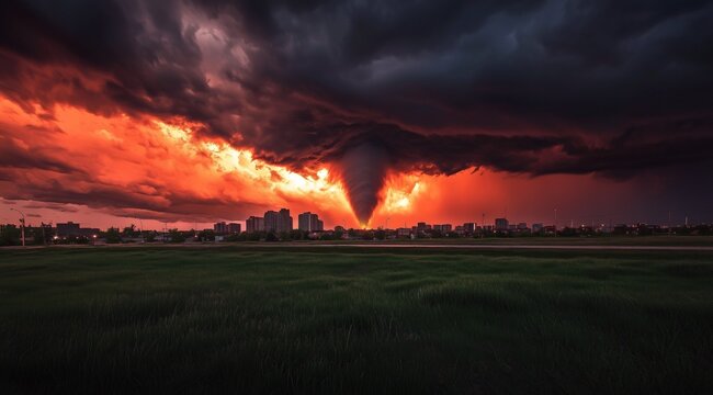 Une tornade approchant une zone urbaine avec des nuages ​​sombres et tourbillonnants et des &eacute;clairs rouges oranges &eacute;clatants au coucher du soleil.
