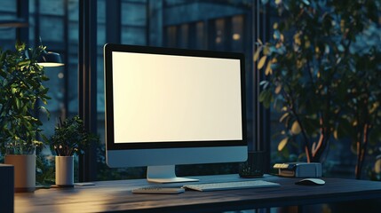 Fototapeta premium Modern Desktop Computer Setup Evening Workspace