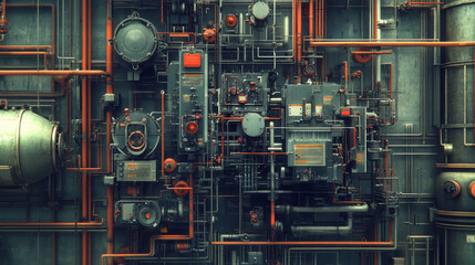 Fototapeta premium Industrial machinery with pipes and controls in complex layout
