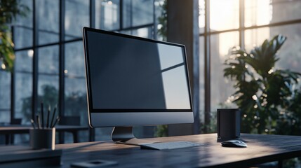 Fototapeta premium Modern Workspace Featuring Sleek Desktop Computer and Plants