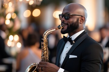 Obraz premium An accomplished saxophonist gleefully performs in a tuxedo at a gala, combining musical talent with refined style amidst a vibrant social scene.
