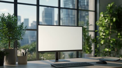 Fototapeta premium Modern Workspace With Blank Computer Screen And Plants