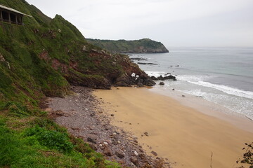 Breathtaking coastal landscape with sandy beach and lush green cliffs